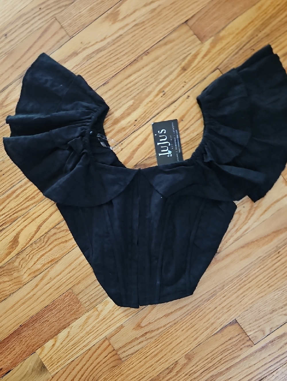JuJu Black Off-Shoulder Ruffle Sleeve Corset Front Top